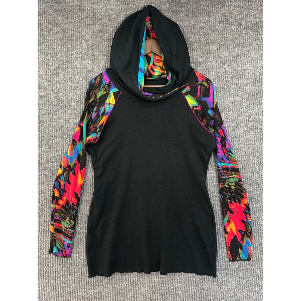 Laura Hlavac Hooded Top Women L Black Multicolor Excellent Abstract Raglan Tunic